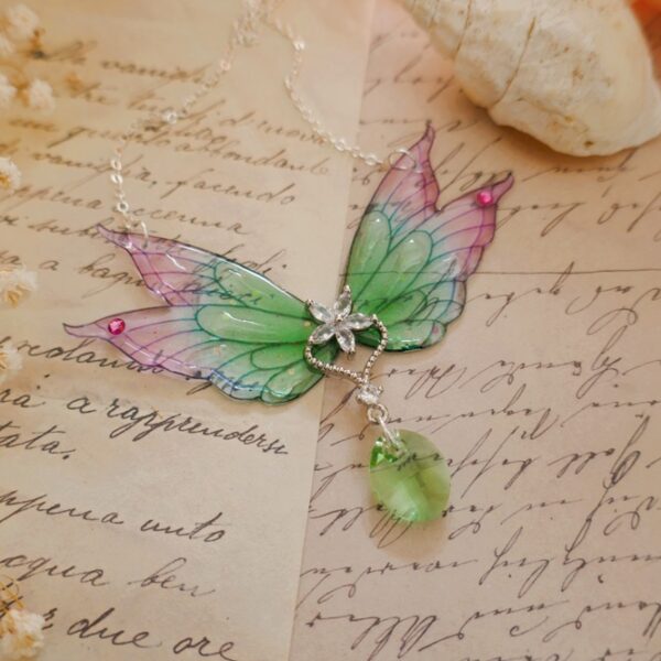 collier argent 925 ailes de fée sirène dégradé de rose bleu, vert rose, paillettes enchantées, avec des cristaux, en résine transparente et flexible
