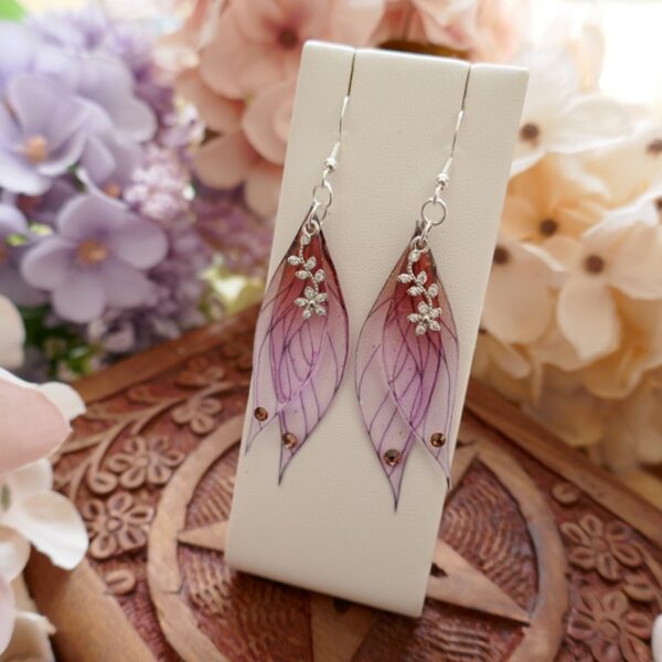 Boucles d'oreilles artisanales ailes de fée en résine transparente et en argent 925