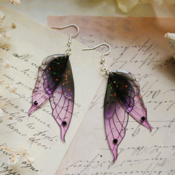 boucles d'oreilles argent 925 ailes de fée sirène violet witchy paillettes enchantées, en résine transparente et flexible