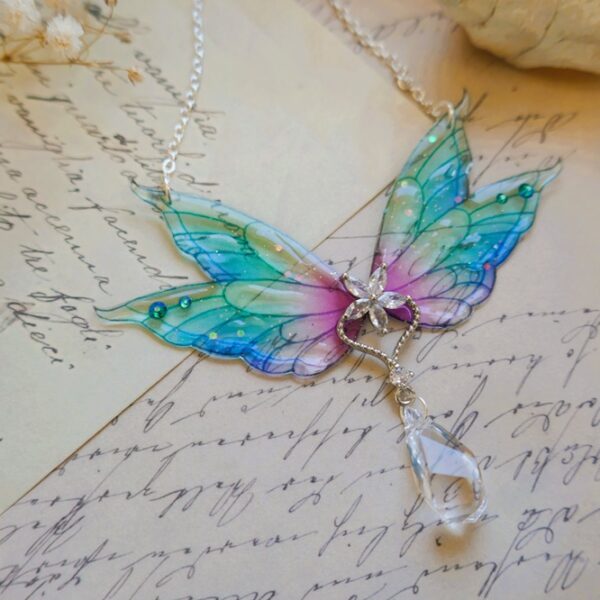 collier ailes de fée en argent 925 sirène bleu turquoise, bleu rose, avec des cristaux et des paillettes , en résine transparente écologique et flexible